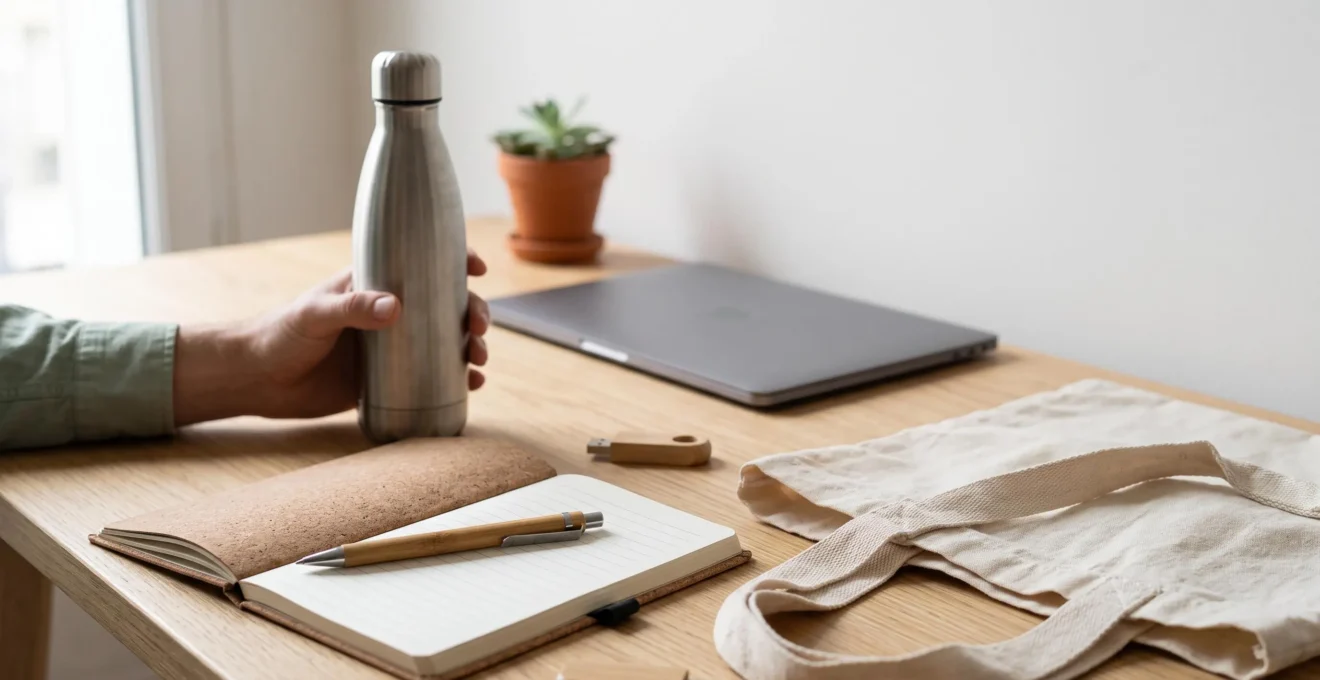 Bureau contemporain éclairé naturellement avec goodies éco-responsables en usage quotidien : gourde inox, carnet en liège avec stylo bambou, tote bag coton biologique, main saisissant un objet dans geste naturel