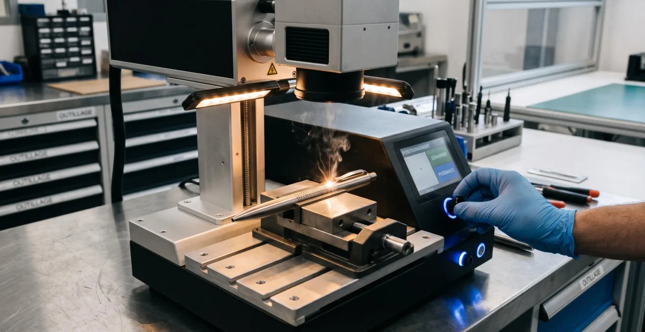 Gros plan sur machine de gravure laser en fonctionnement gravant un objet métallique, main d'opérateur ajustant les réglages, légère vapeur de gravure visible dans un atelier moderne éclairé