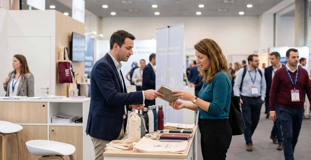 Stand de salon professionnel français avec exposant remettant un goodies à un visiteur intéressé, table présentant tote bags et gourdes, circulation de participants en arrière-plan dans hall d'exposition moderne