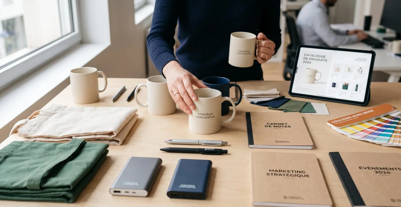 Table de travail professionnelle vue de haut avec mains examinant des goodies personnalisables variés : mugs, stylos métalliques, tote bags en coton, batteries externes et carnets, dans un environnement de bureau contemporain éclairé naturellement